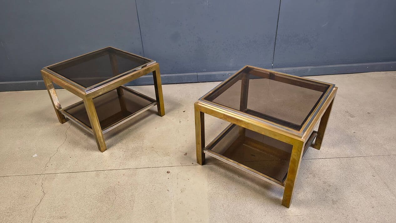 Pair of side tables, gold brass, smoked glass, France, 1970s - 329927