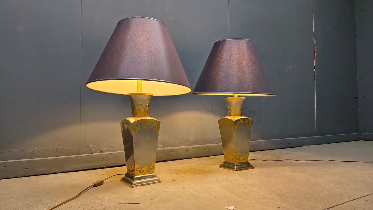 Set of two table lamps, grey metal, gold brass, Belgium, 1970s. - 329916