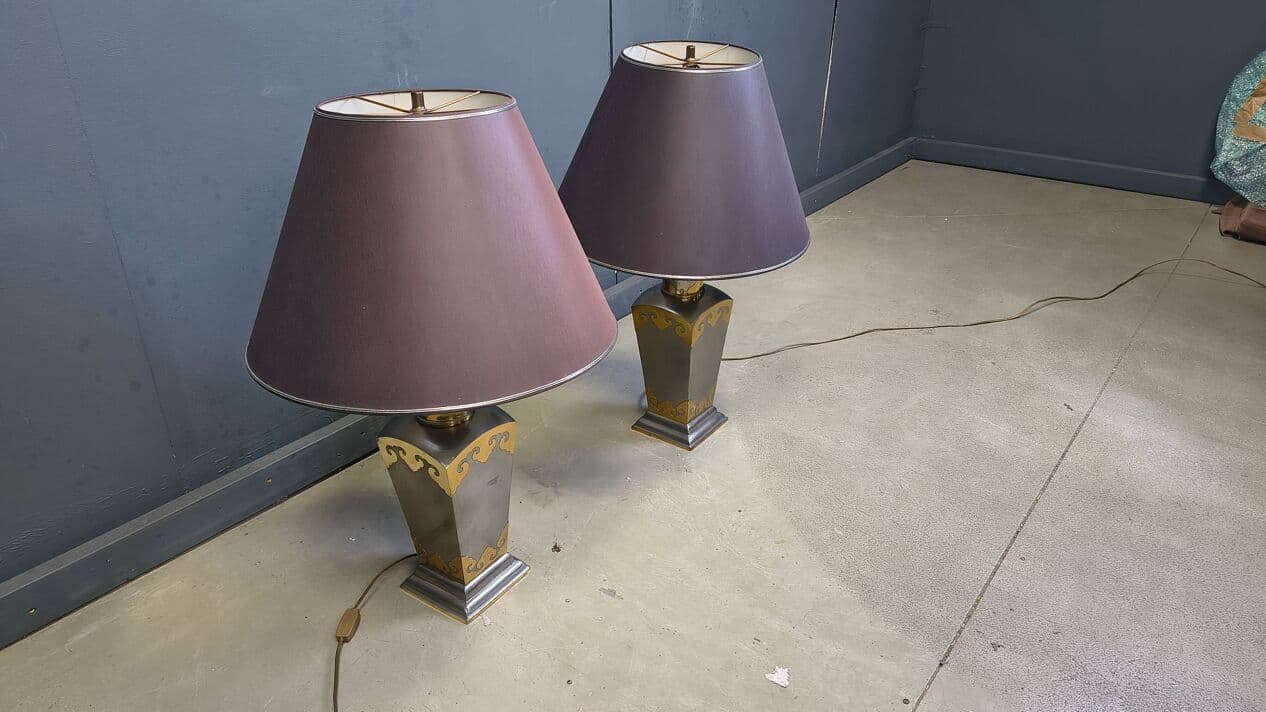 Set of two table lamps, grey metal, gold brass, Belgium, 1970s. - 329911