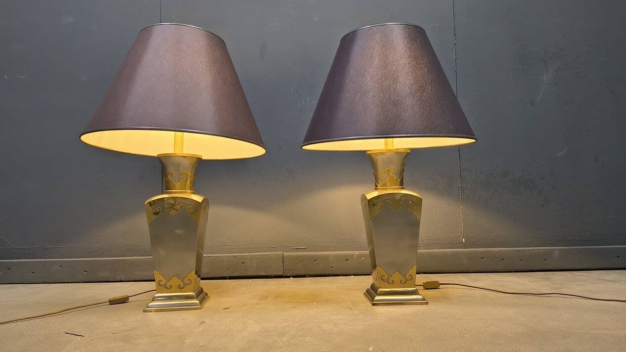 Set of two table lamps, grey metal, gold brass, Belgium, 1970s. - 329907