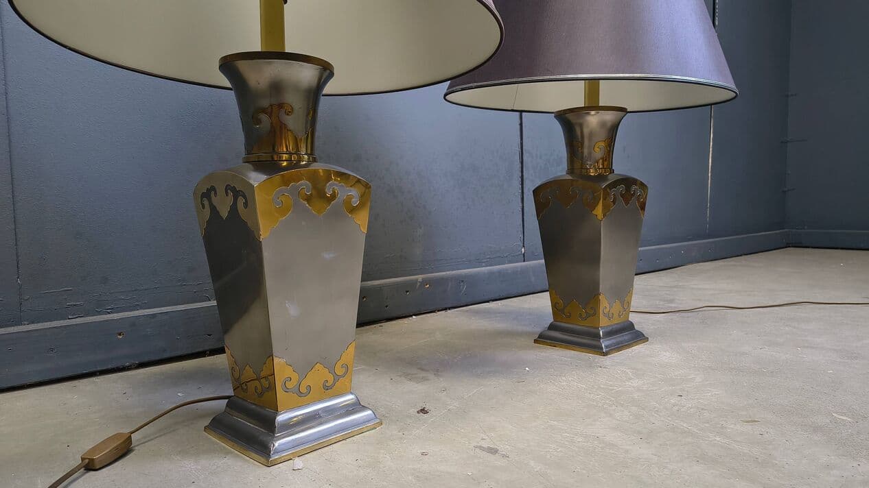 Set of two table lamps, grey metal, gold brass, Belgium, 1970s. - 329913