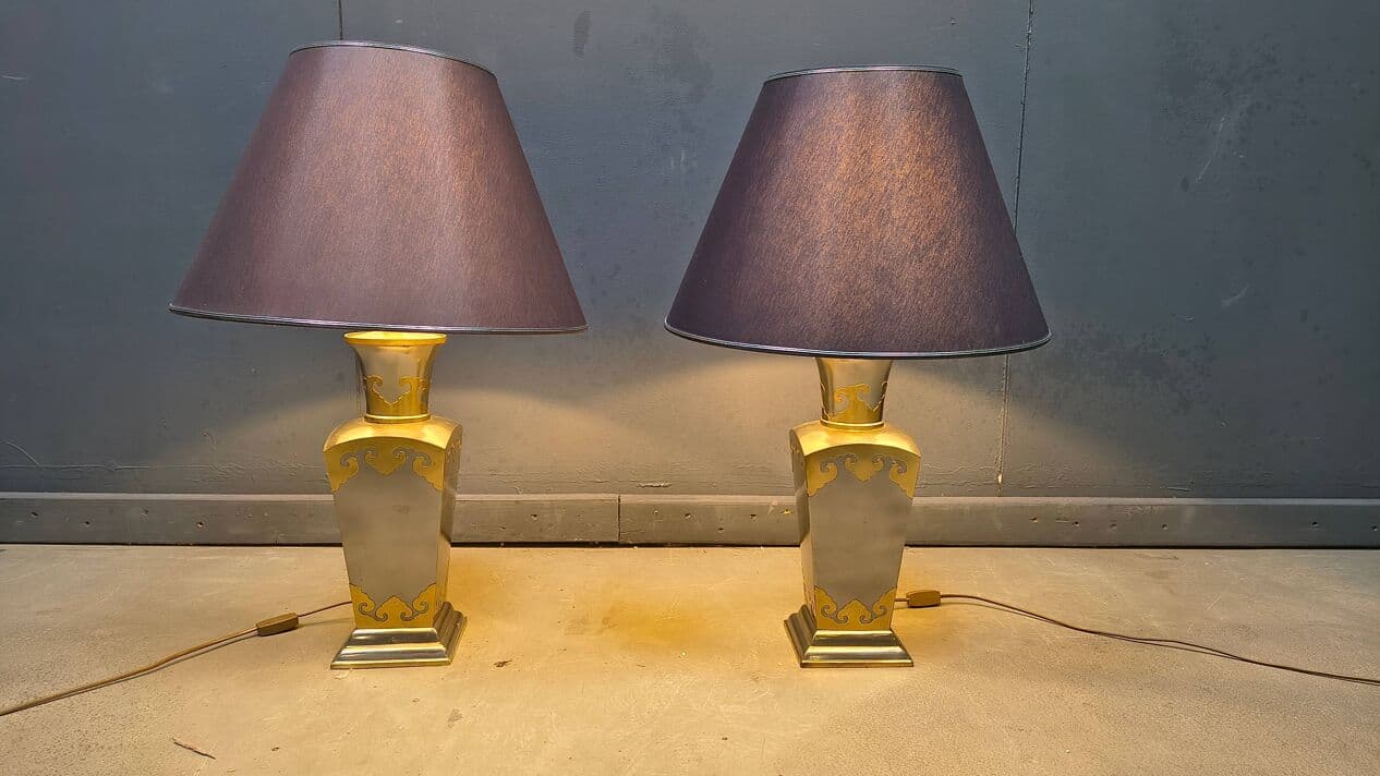 Set of two table lamps, grey metal, gold brass, Belgium, 1970s. - 329914