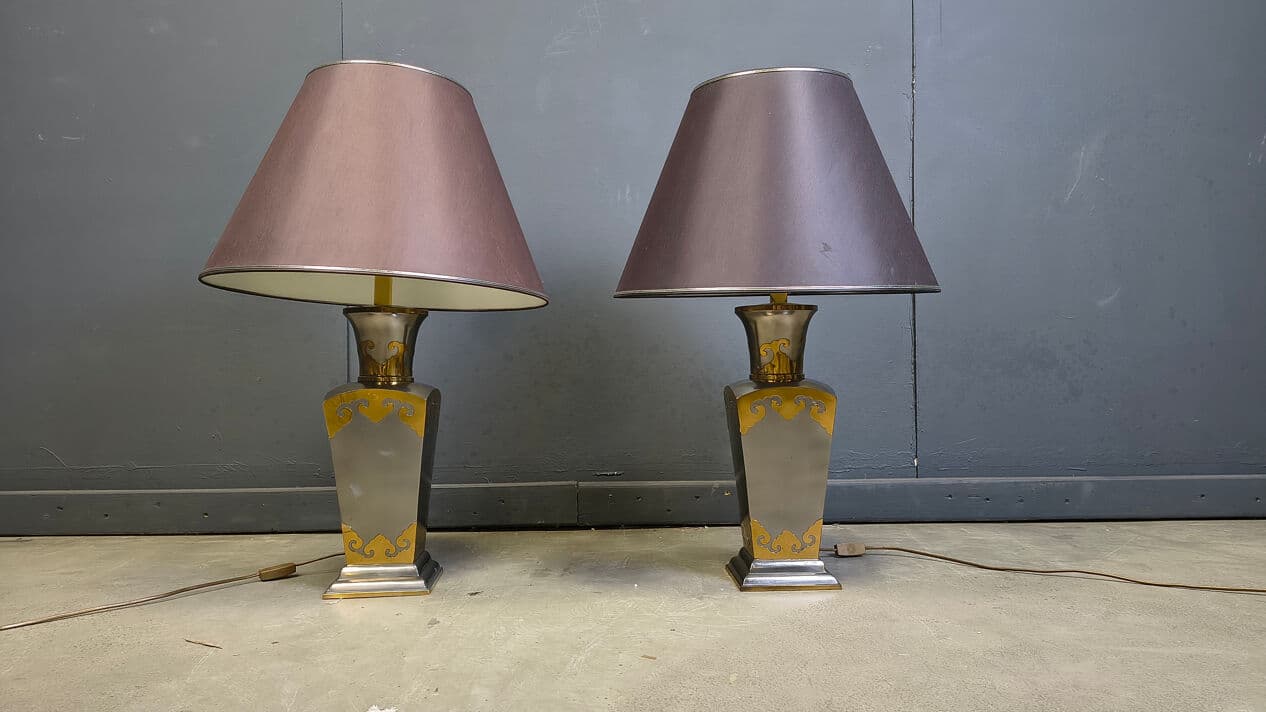Set of two table lamps, grey metal, gold brass, Belgium, 1970s. - 329910