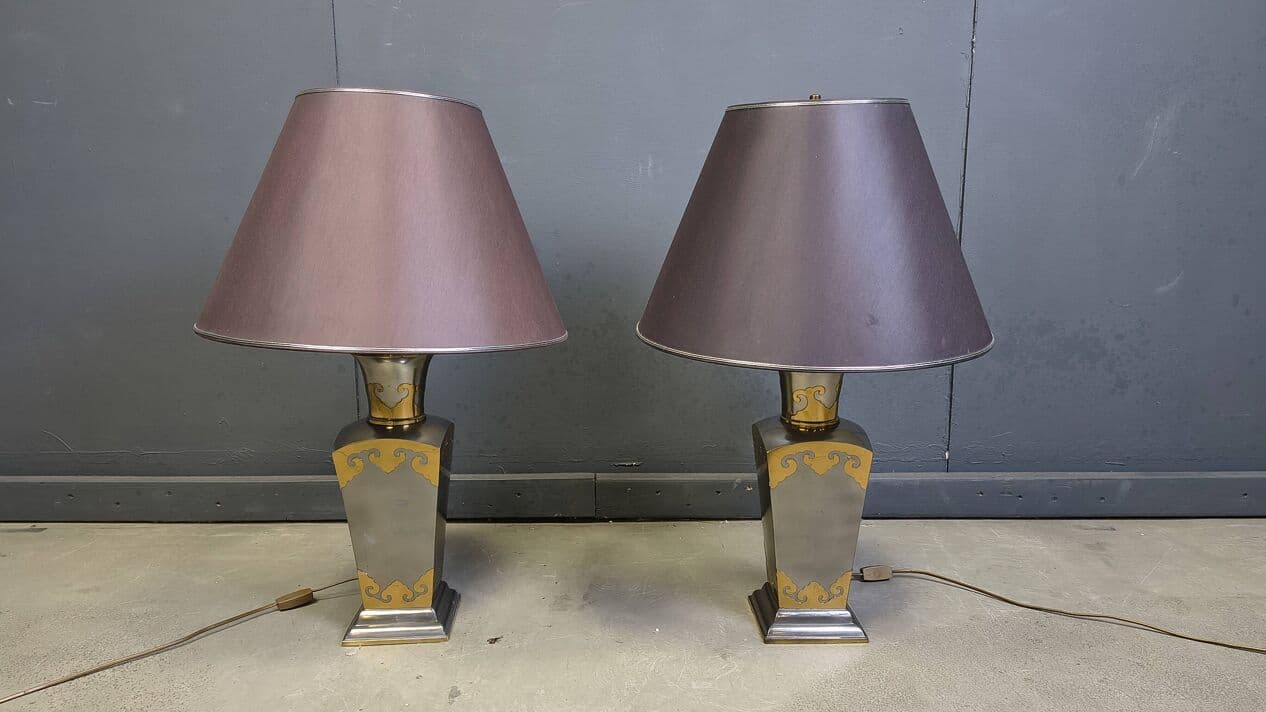 Set of two table lamps, grey metal, gold brass, Belgium, 1970s. - 329909