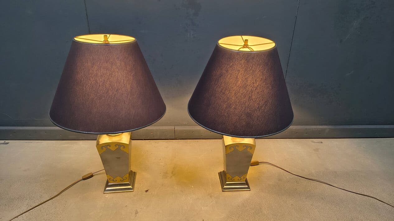 Set of two table lamps, grey metal, gold brass, Belgium, 1970s. - 329912