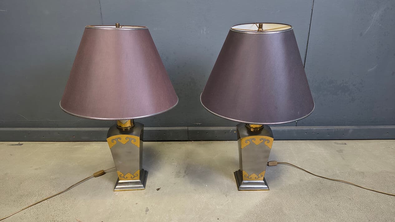 Set of two table lamps, grey metal, gold brass, Belgium, 1970s. - 329906