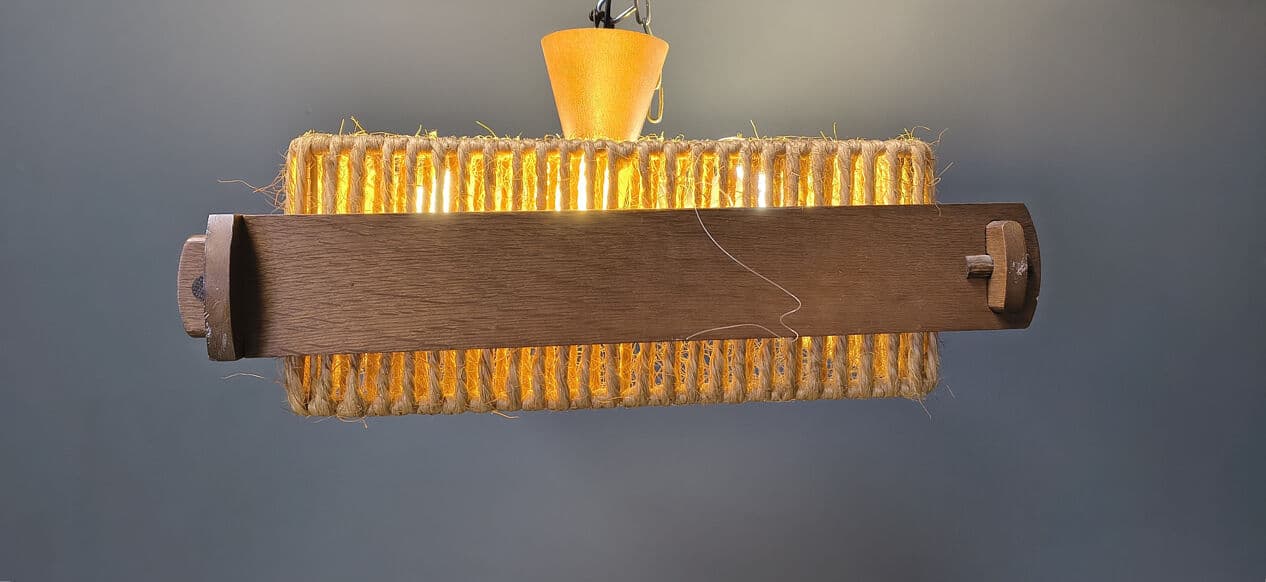 Pendant lamp, beige raffia, brown wood, acrylic, Switzerland, 1970s. - 329900