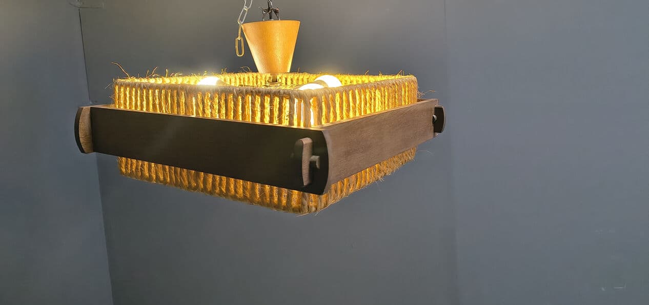 Pendant lamp, beige raffia, brown wood, acrylic, Switzerland, 1970s. - 329897