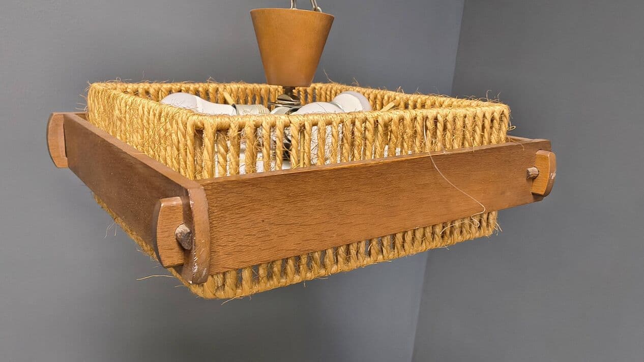 Pendant lamp, beige raffia, brown wood, acrylic, Switzerland, 1970s. - 329903