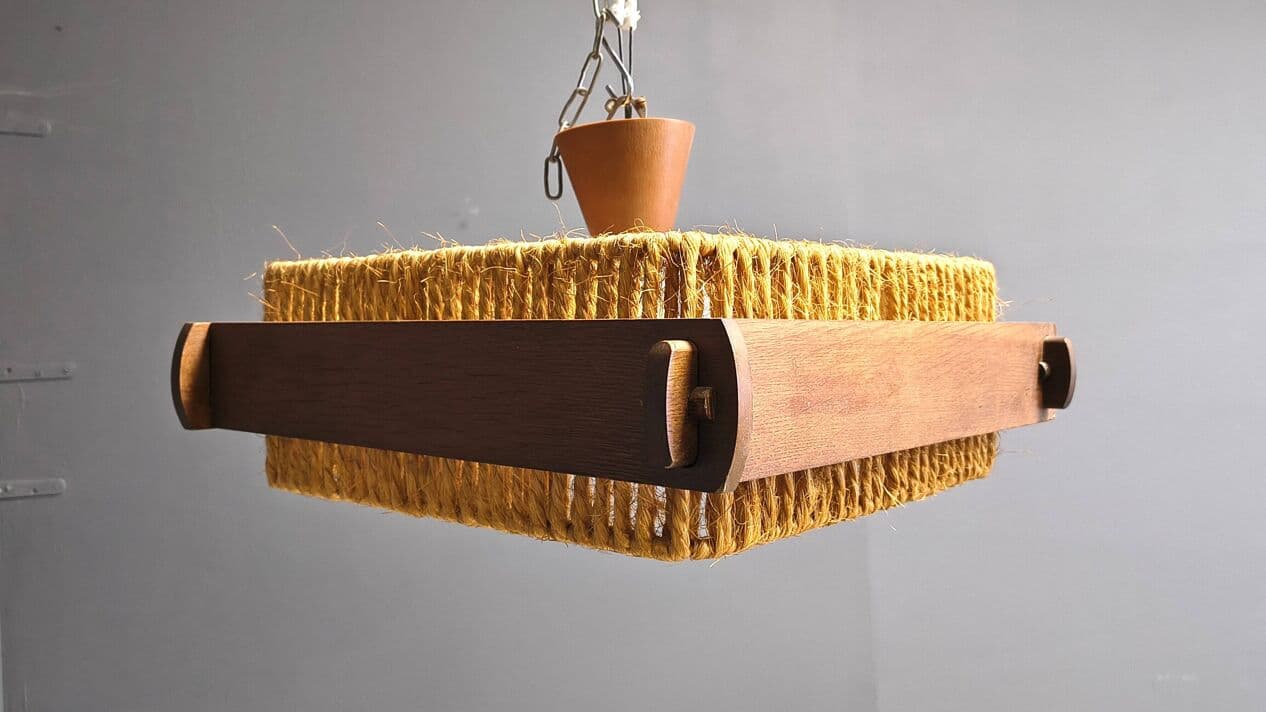 Pendant lamp, beige raffia, brown wood, acrylic, Switzerland, 1970s. - 329902