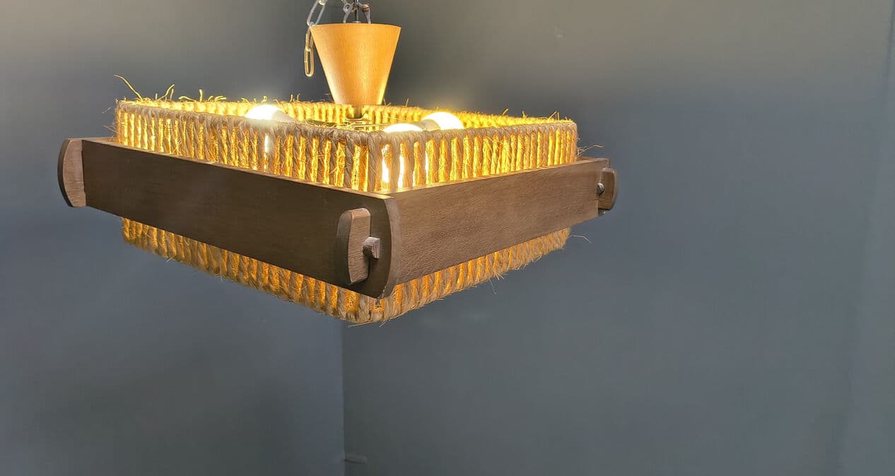 Pendant lamp, beige raffia, brown wood, acrylic, Switzerland, 1970s. - 329899