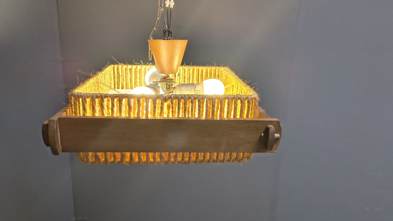 Pendant lamp, beige raffia, brown wood, acrylic, Switzerland, 1970s. - 329894