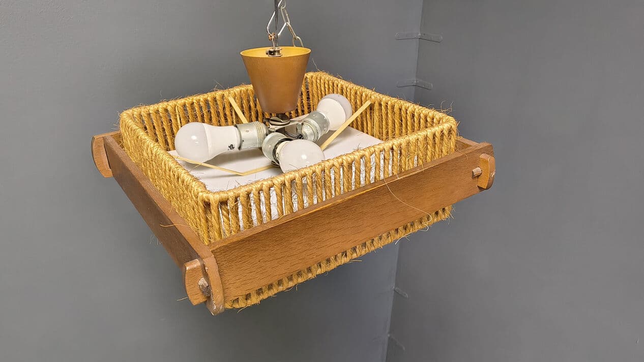Pendant lamp, beige raffia, brown wood, acrylic, Switzerland, 1970s. - 329901