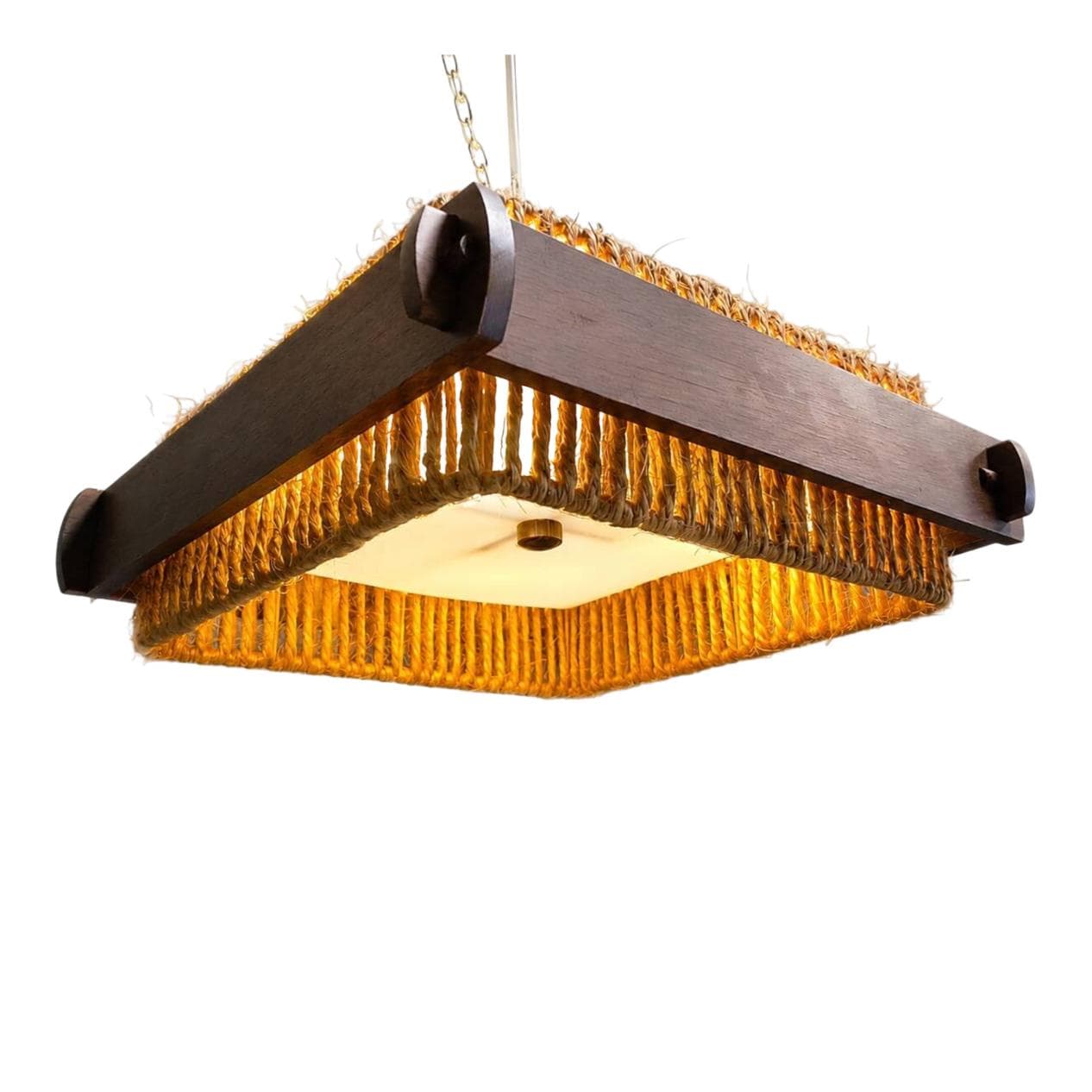 Pendant lamp, beige raffia, brown wood, acrylic, Switzerland, 1970s.