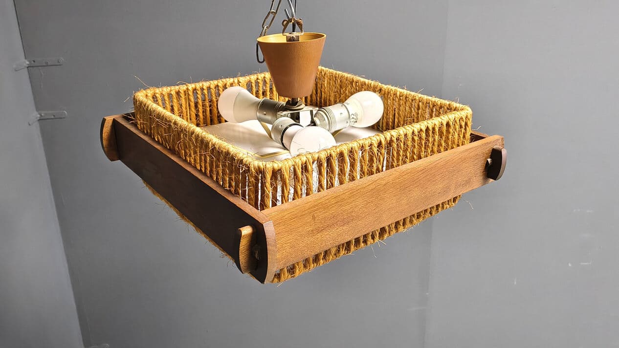 Pendant lamp, beige raffia, brown wood, acrylic, Switzerland, 1970s. - 329904
