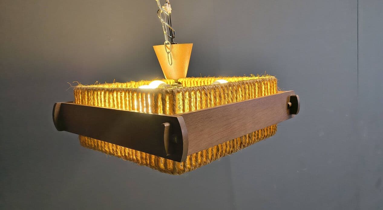 Pendant lamp, beige raffia, brown wood, acrylic, Switzerland, 1970s. - 329898