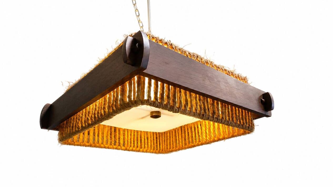 Pendant lamp, beige raffia, brown wood, acrylic, Switzerland, 1970s. - 329895