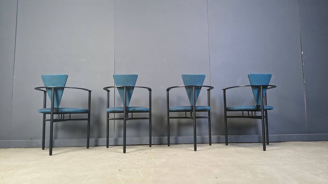 Set of four dining chairs Memphis, blue fabric, black metal, Belgium, 1980s. - 329890