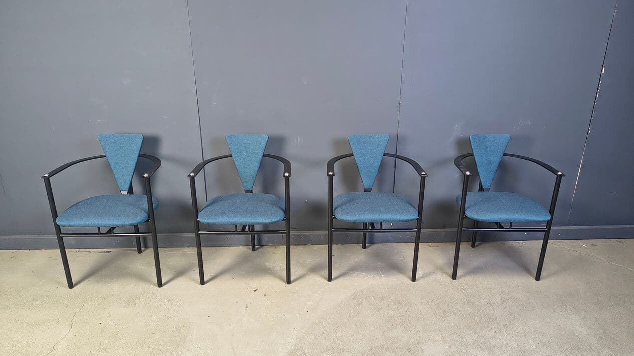 Set of four dining chairs Memphis, blue fabric, black metal, Belgium, 1980s. - 329892