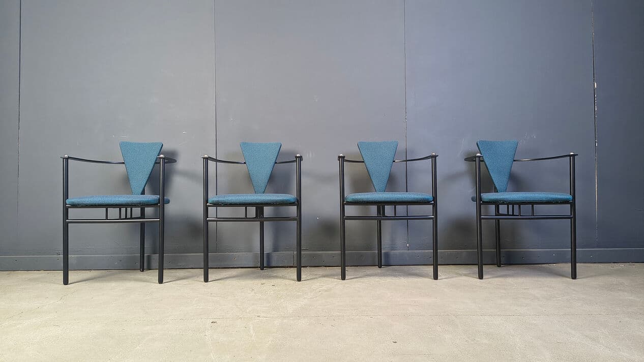Set of four dining chairs Memphis, blue fabric, black metal, Belgium, 1980s. - 329885