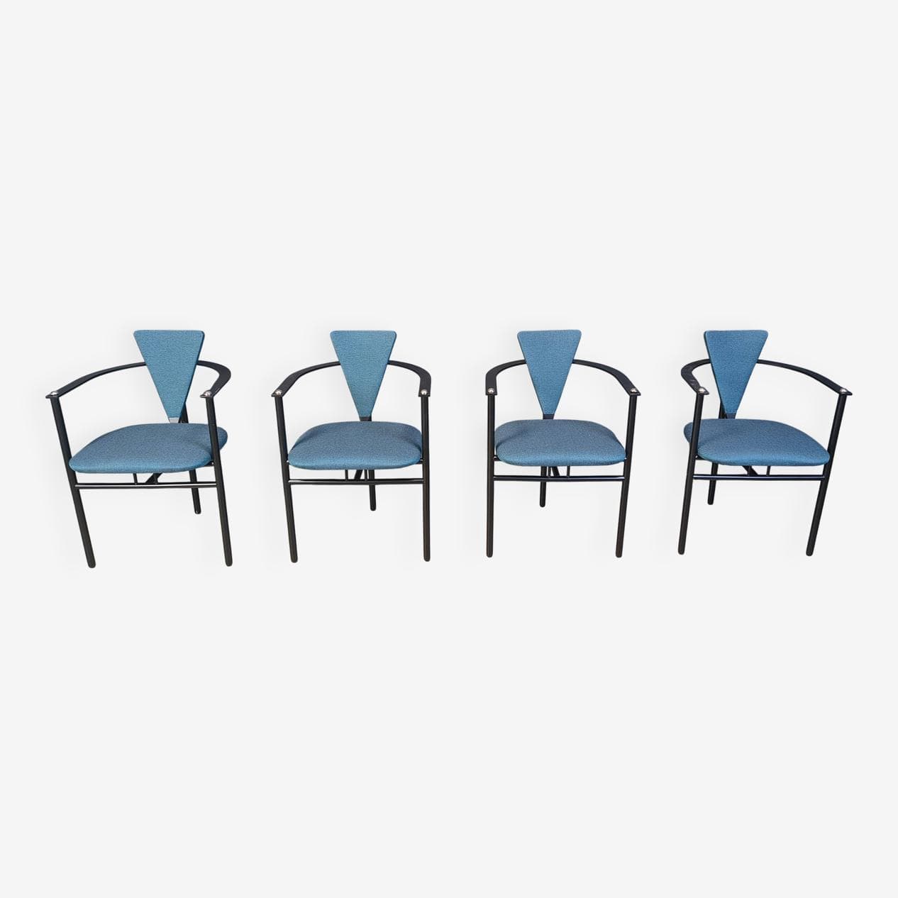 Set of four dining chairs Memphis, blue fabric, black metal, Belgium, 1980s. - 329884