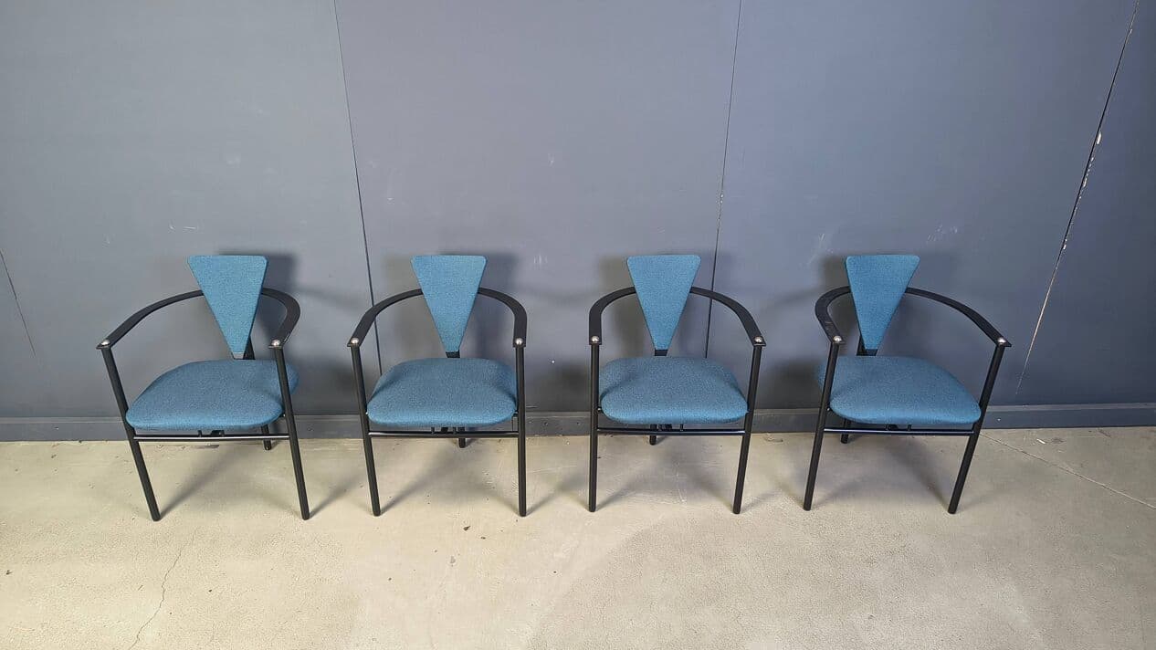 Set of four dining chairs Memphis, blue fabric, black metal, Belgium, 1980s. - 329889