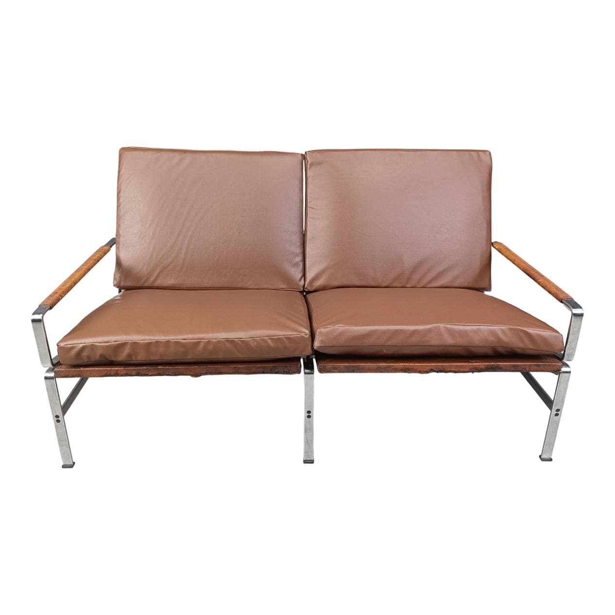 Sofa dwuosobowa FK6720, skóra brązowa, stal chromowana, rattan, proj. P. Fabricius, J. Kastholm, Niemcy, lata 70.