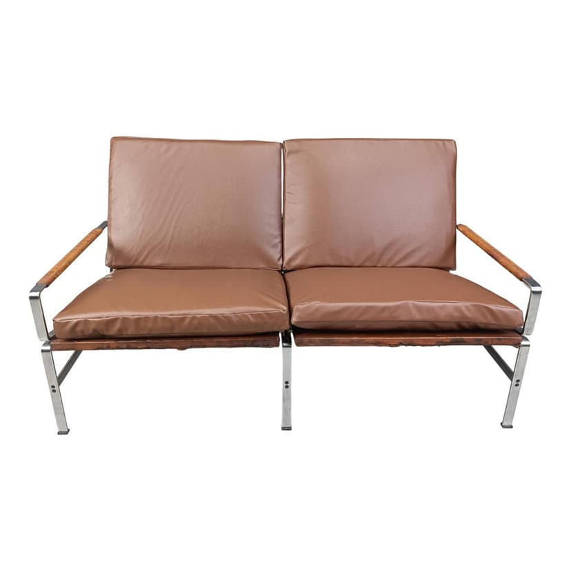 Sofa dwuosobowa FK6720, skóra brązowa, stal chromowana, rattan, proj. P. Fabricius, J. Kastholm, Niemcy, lata 70.