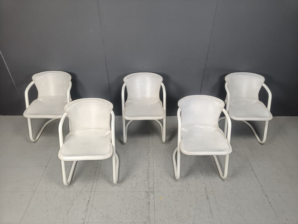 Set of five dining chairs, white, metal, genuine leather, Netherlands, 1970s - 329824