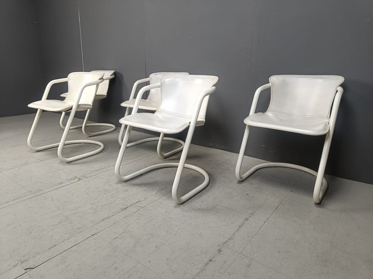 Set of five dining chairs, white, metal, genuine leather, Netherlands, 1970s - 329827
