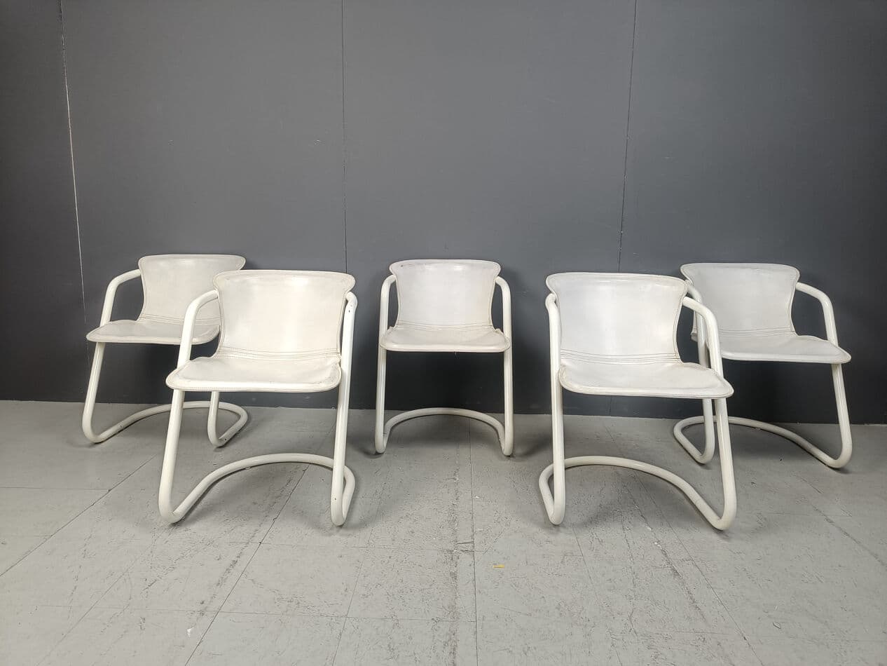 Set of five dining chairs, white, metal, genuine leather, Netherlands, 1970s - 329832