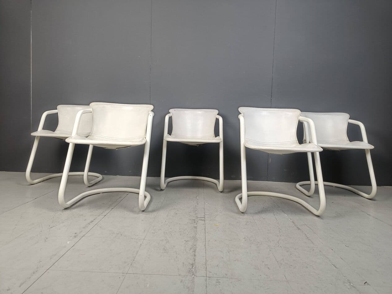 Set of five dining chairs, white, metal, genuine leather, Netherlands, 1970s - 329831