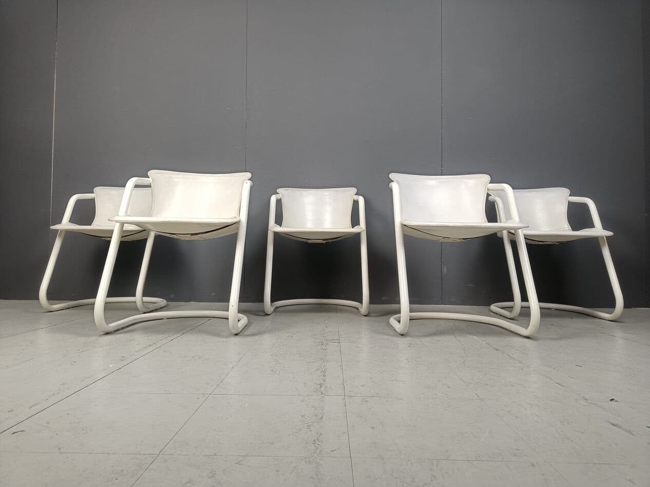 Set of five dining chairs, white, metal, genuine leather, Netherlands, 1970s - 329829