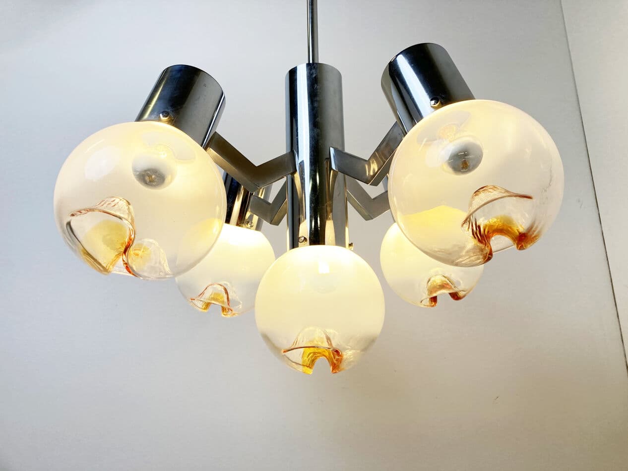 Chandelier, Mazzega, transparent brown glass, chrome, Italy, 1960s. - 329817