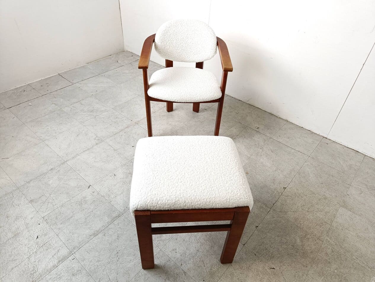 Fotel z podnóżkiem, bouclé kremowy, drewno brązowy, Belgia, lata 60. - 329772