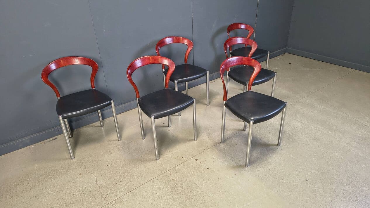 Set of six chairs Lotus, brown wood, black faux leather, chrome, by H. Lohmeyer, Germany, 1970s. - 329736