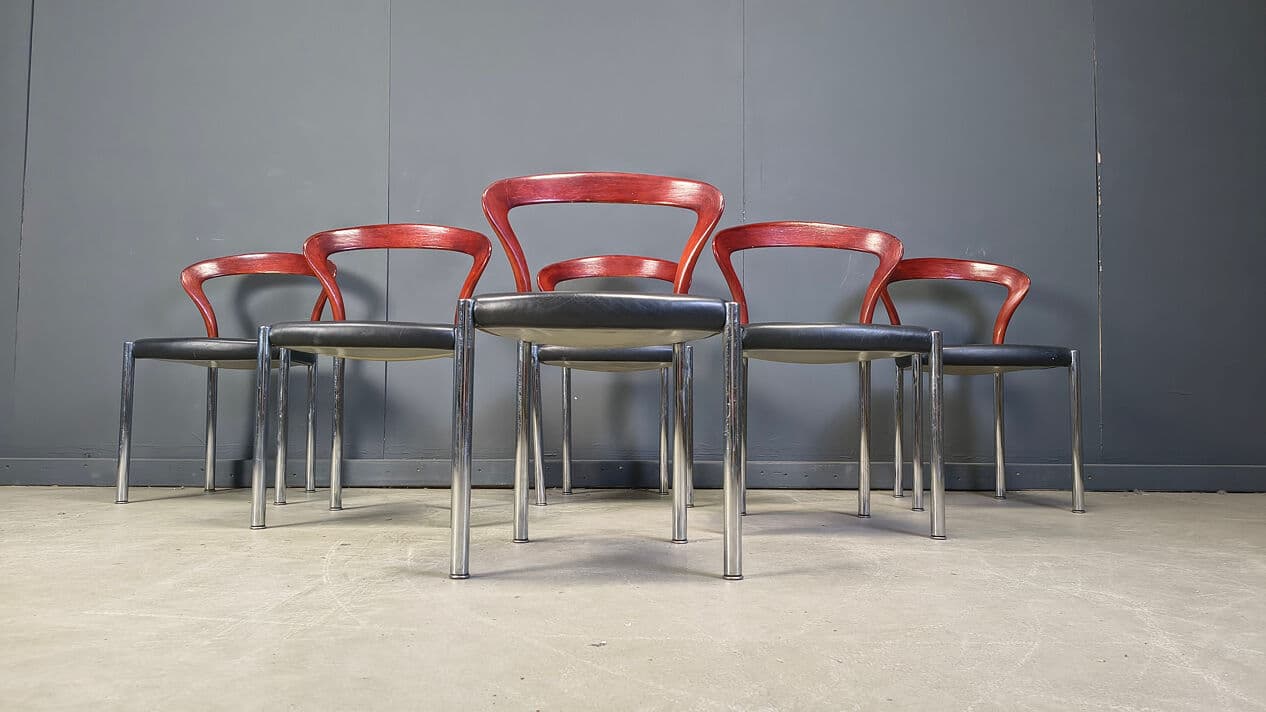Set of six chairs Lotus, brown wood, black faux leather, chrome, by H. Lohmeyer, Germany, 1970s. - 329735