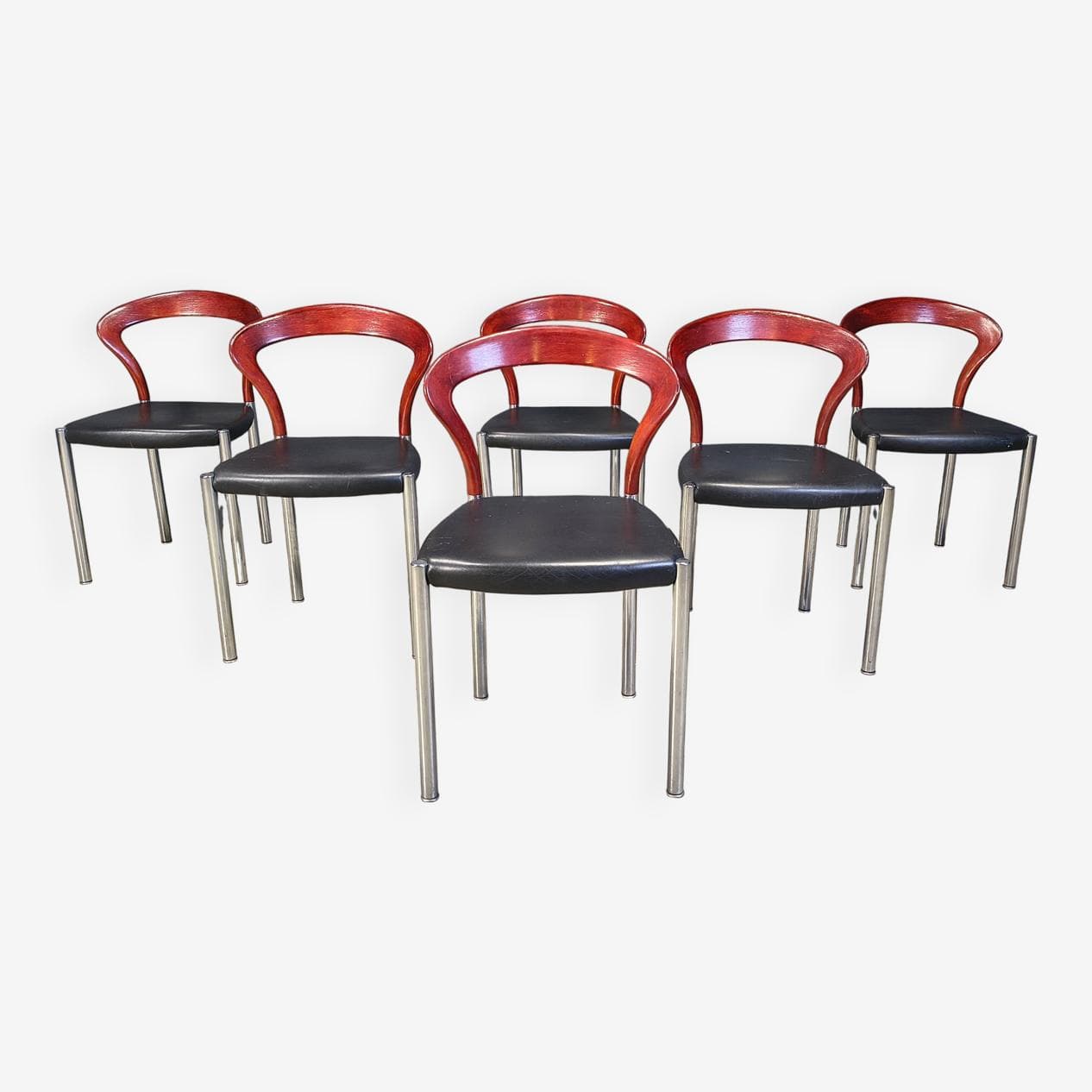 Set of six chairs Lotus, brown wood, black faux leather, chrome, by H. Lohmeyer, Germany, 1970s. - 329733