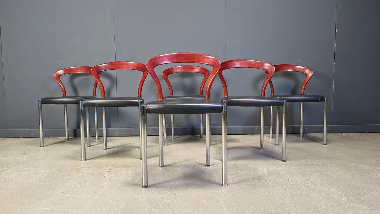 Set of six chairs Lotus, brown wood, black faux leather, chrome, by H. Lohmeyer, Germany, 1970s. - 329734