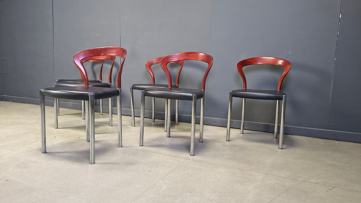 Set of six chairs Lotus, brown wood, black faux leather, chrome, by H. Lohmeyer, Germany, 1970s. - 329739