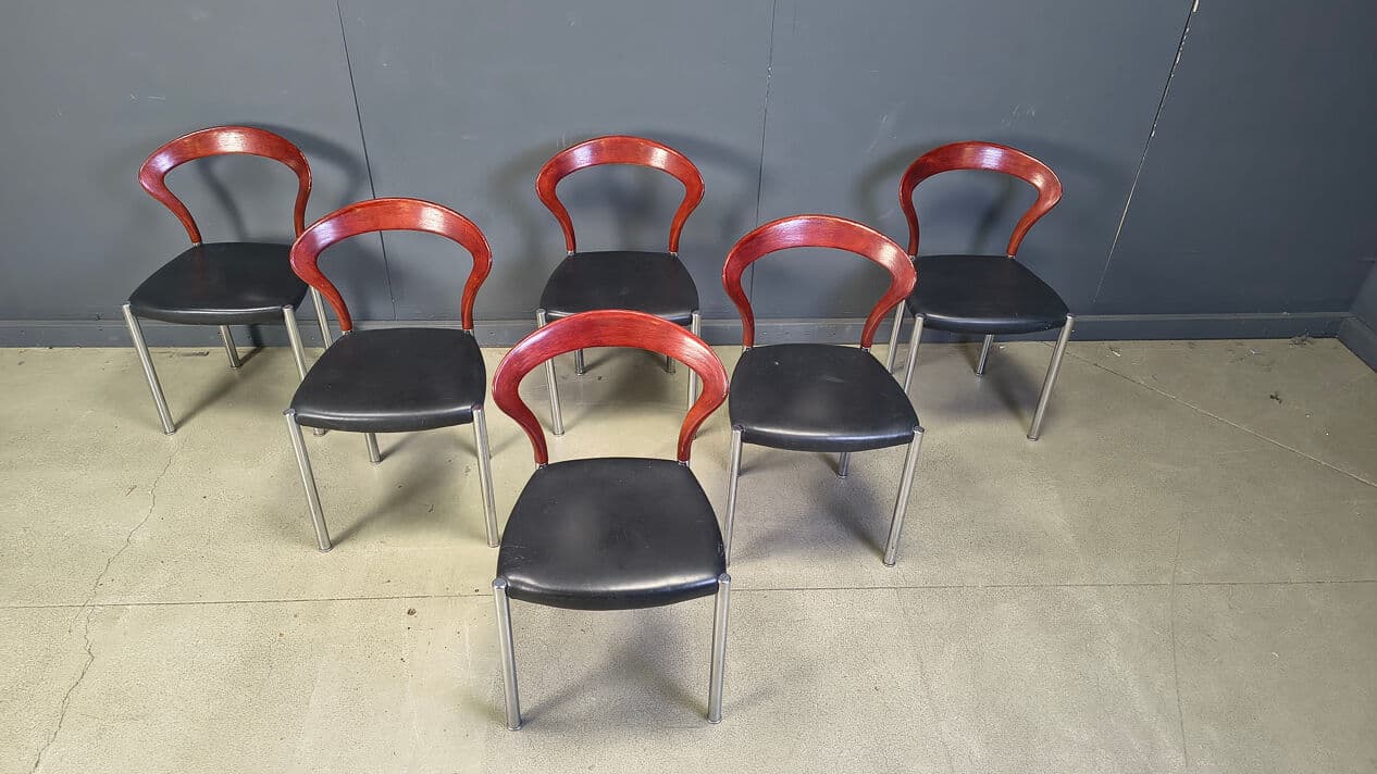 Set of six chairs Lotus, brown wood, black faux leather, chrome, by H. Lohmeyer, Germany, 1970s. - 329741