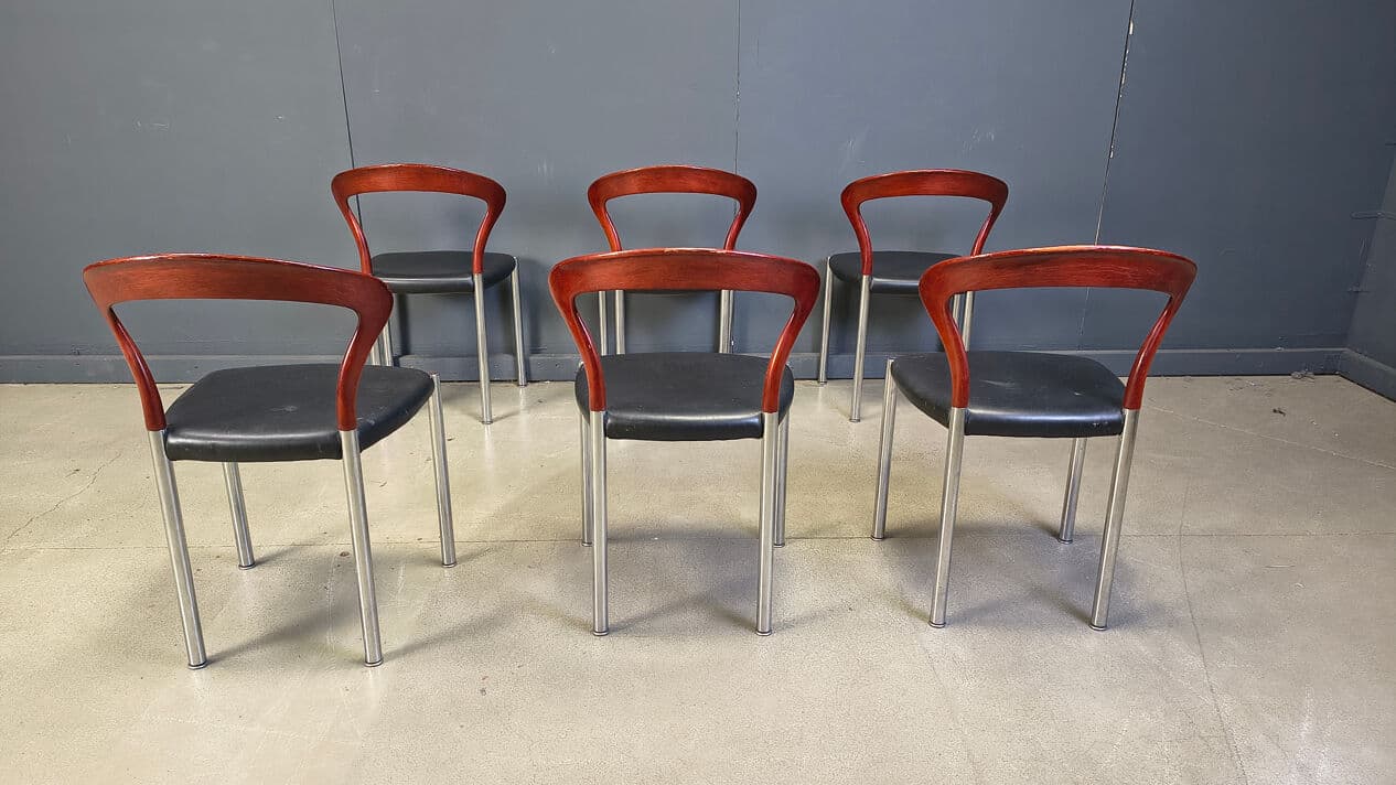 Set of six chairs Lotus, brown wood, black faux leather, chrome, by H. Lohmeyer, Germany, 1970s. - 329740