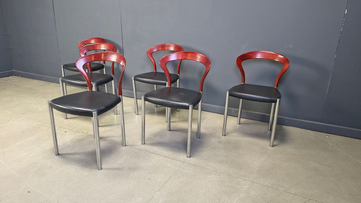 Set of six chairs Lotus, brown wood, black faux leather, chrome, by H. Lohmeyer, Germany, 1970s. - 329738