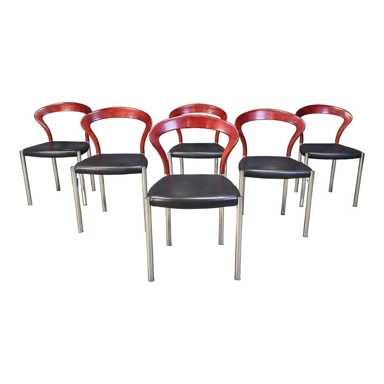 Set of six chairs Lotus, brown wood, black faux leather, chrome, by H. Lohmeyer, Germany, 1970s.
