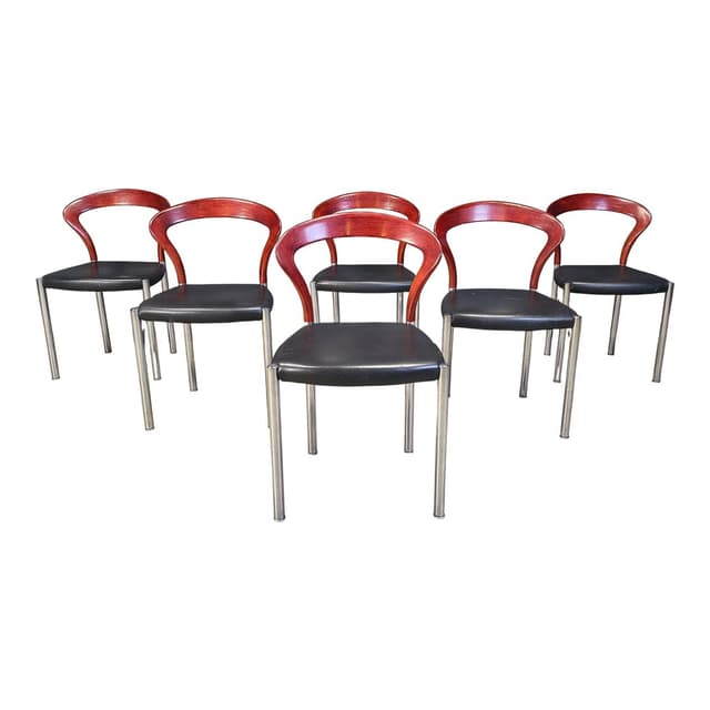 Set of six chairs Lotus, brown wood, black faux leather, chrome, by H. Lohmeyer, Germany, 1970s. - DIMENSION
