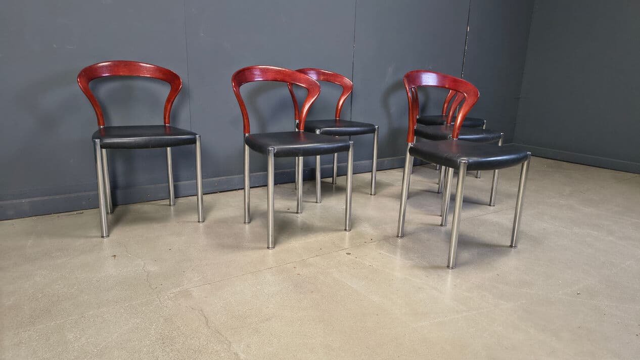 Set of six chairs Lotus, brown wood, black faux leather, chrome, by H. Lohmeyer, Germany, 1970s. - 329737