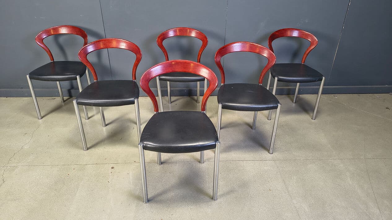 Set of six chairs Lotus, brown wood, black faux leather, chrome, by H. Lohmeyer, Germany, 1970s. - 329731