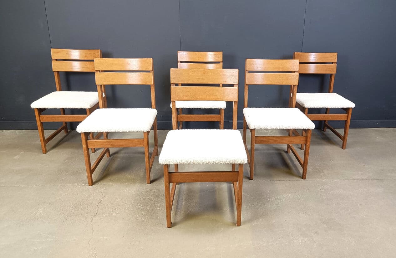 Set of six brutalist chairs, brown oak, white bouclé, Belgium, 1970s. - 329722