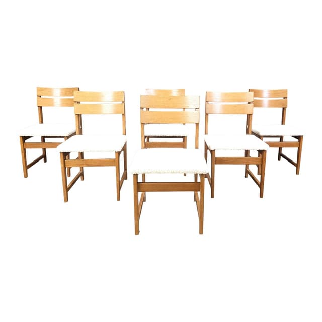 Set of six brutalist chairs, brown oak, white bouclé, Belgium, 1970s. - DIMENSION