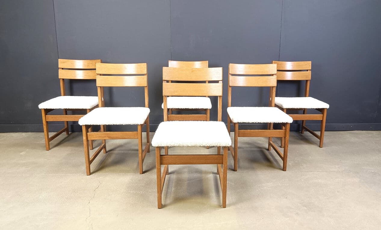 Set of six brutalist chairs, brown oak, white bouclé, Belgium, 1970s. - 329720